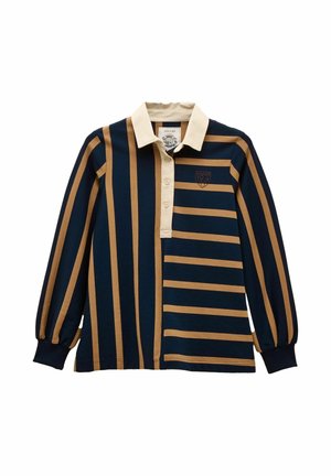 Navy and tan long-sleeve rugby shirt with alternating vertical and horizontal stripes, cream collar, button placket, and embroidered logo on chest.