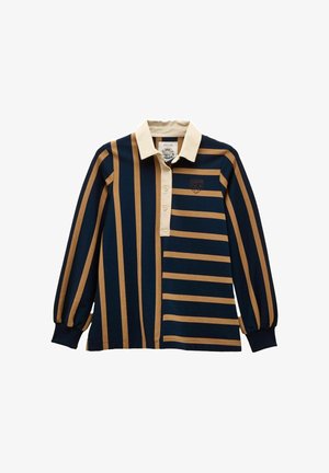 Jūras spēku un brūnas krāsas garām piedurknēm ragbija krekls ar pārmaiņus vertikālām un horizontālām svītrām, krēmkrāsas apkakle, pogu aizdare un izšuvums uz krūšu.