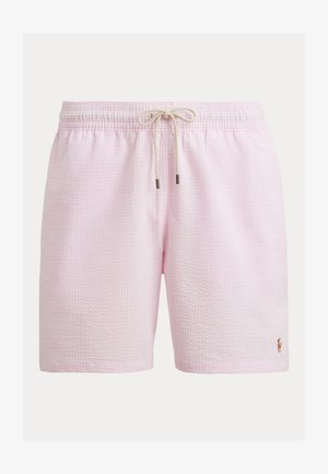 Ružové kockované plavky s elastickým pásom a šnúrkovým zapínaním. Obsahuje malé logo na dolnej pravej strane.