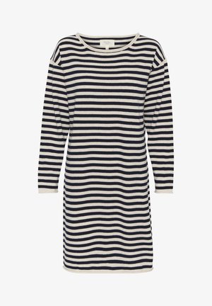 Prugasta obleka s temno modrimi in belimi vodoravnimi črtami, dolgimi rokavi in okroglo izrezom. Tkanina se zdi mehka z udobnim prileganjem.