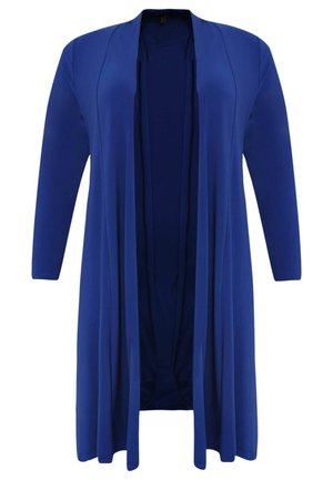 Langer, offener Cardigan in einem lebhaften Königsblau. Hergestellt aus glattem, dehnbarem Stoff mit langen Ärmeln und einer entspannten, fließenden Silhouette.