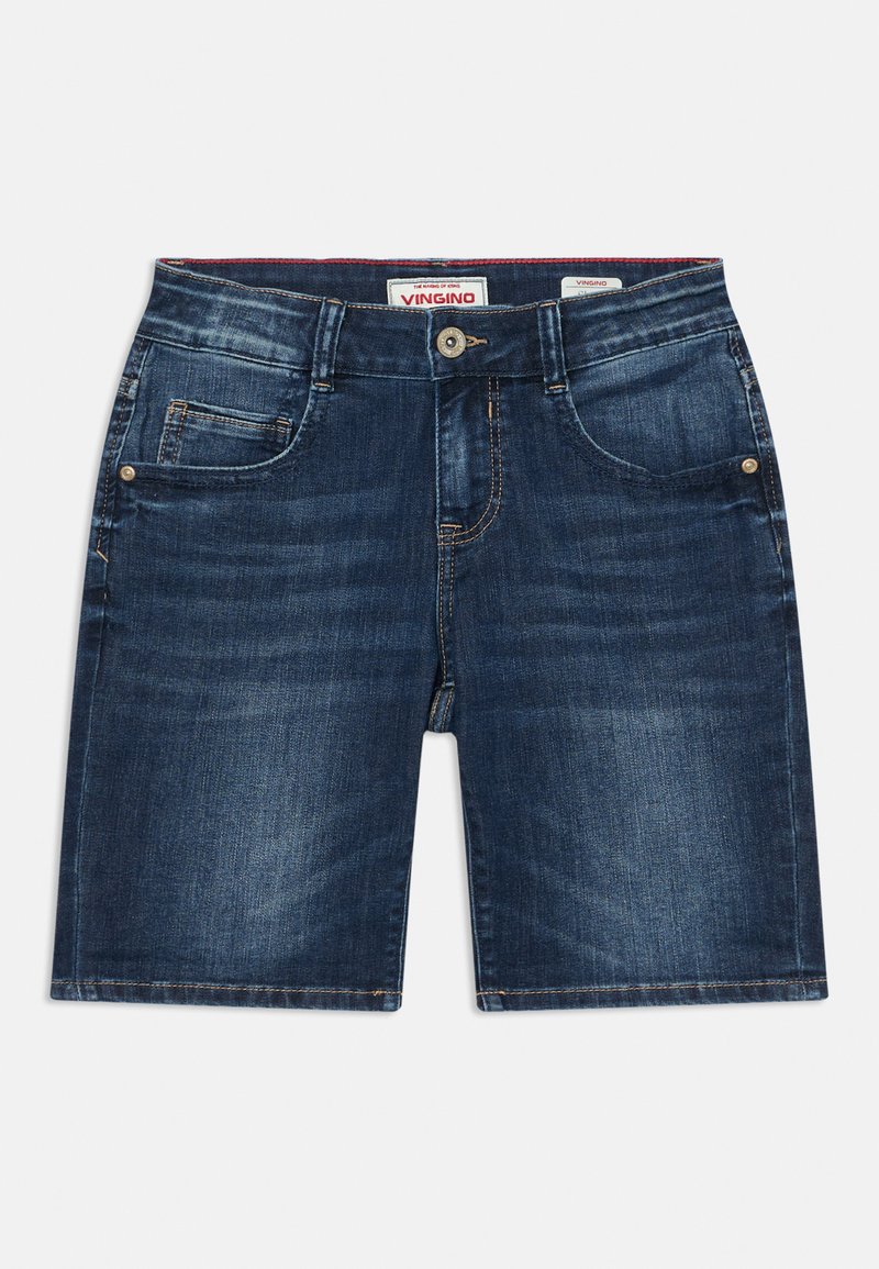 Shorts in denim blu scuro con taglio dritto, cinque tasche e chiusura con bottone. Presentano cuciture dorate sottili e una vita con marchio.
