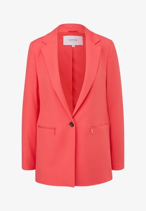 Coral blazer with notch lapels, single button closure, two zippered front pockets, and a smooth, lightweight fabric. Lined interior.