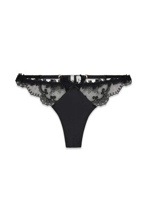 Perizoma nero in pizzo con ricamo floreale, lati in rete trasparente, piccolo fiocco al centro e cinturini regolabili in vita.