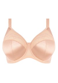 Reggiseno beige con ferretto, coppe in satin liscio, pannelli in rete trasparente e cuciture decorative. Spalline regolabili e un dettaglio centrale a fiocco.