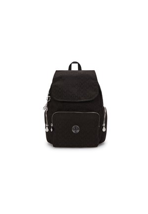 Black fabric backpack featuring a textured pattern, front zipper pocket, a flap with snap closure, and a top handle. Silver hardware accents.