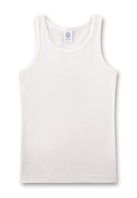 White cotton tank top with a round neckline and wide shoulder straps. Features a smooth texture and a label at the neckline.