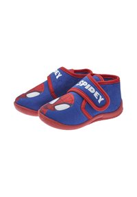 Zapatillas azules con detalles rojos, que presentan un diseño de Spiderman en la parte delantera, cierres de velcro y una suela de goma texturizada.