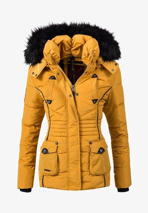 Kollane puhvjakieruga jakk, millel on karvaga vooderdatud kapuuts, lukku sulgemine, kaks eesmist taskut ja mustad aktsendid õmbluste ääres. Quilted struktuur.