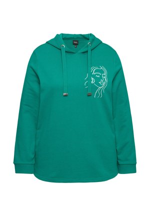Turquoise hoodie van zacht materiaal met een trekkoord capuchon en een witte lijntekening van een vrouwelijk gezicht op de linkerborst.