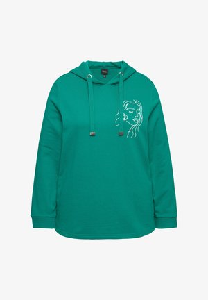 Turquoise hoodie van zacht materiaal met een trekkoord capuchon en een witte lijntekening van een vrouwelijk gezicht op de linkerborst.