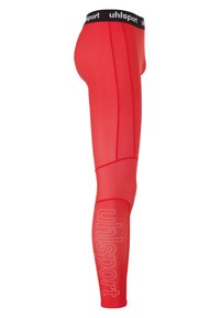 Røde atletiske leggings med en sort talje og hvidt logo på den nederste del af benet. Materialet ser ud til at være strækbart med en tætsiddende design.