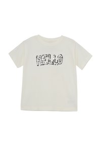 Kremfarvet T-shirt med korte ærmer lavet af blødt bomuld, med en palietbesat "HELLO" grafik i sort. Enkel, afslappet pasform med rund halsudskæring.