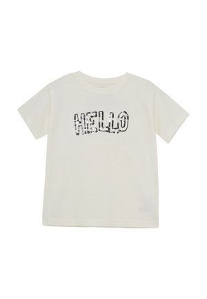 Kremowa koszulka z krótkim rękawem, wykonana z miękkiej bawełny, z cekinowym grafikiem "HELLO" w kolorze czarnym. Prosty, luźny krój z okrągłym dekoltem.