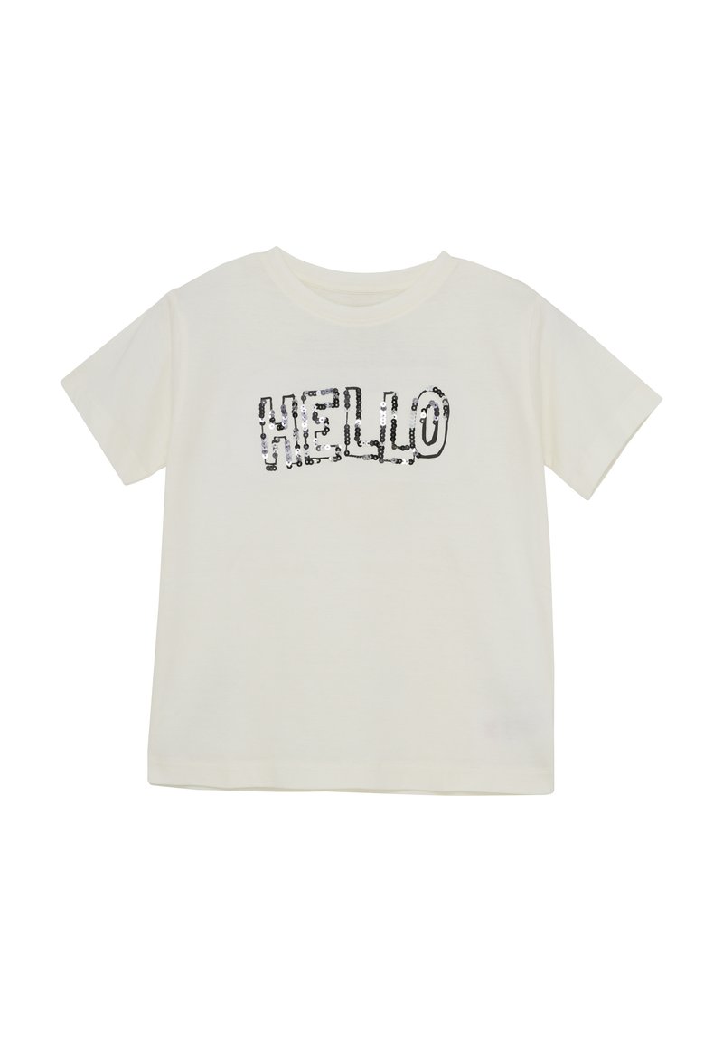Kremfarvet T-shirt med korte ærmer lavet af blødt bomuld, med en palietbesat "HELLO" grafik i sort. Enkel, afslappet pasform med rund halsudskæring.