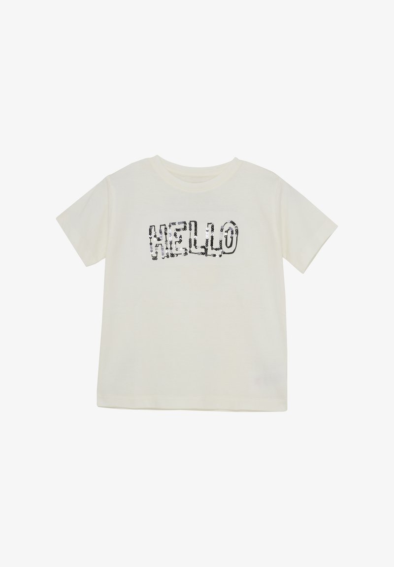 Kremfarvet T-shirt med korte ærmer lavet af blødt bomuld, med en palietbesat "HELLO" grafik i sort. Enkel, afslappet pasform med rund halsudskæring.