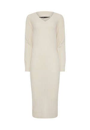 Vestido midi de punto en color beige claro con escote en V, mangas largas, textura acanalada y silueta ajustada, llegando a la mitad de la pantorrilla.