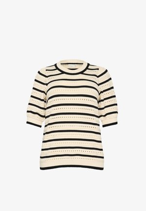 Strikket pullover med creme- og sorte vandrette striber. Korte pufærmer, rund halsudskæring og huller i mønsteret overalt.