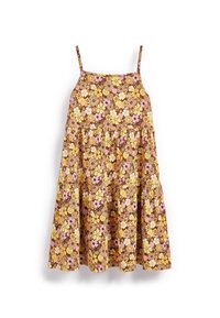 Vestido floral con tirantes finos, con un fondo marrón y flores amarillas, rosas y blancas. Falda fruncida con una forma acampanada.
