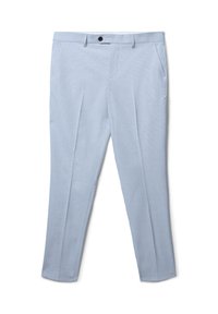 Pantaloni azzurri chiari realizzati in tessuto testurizzato, con un design a vita piatta, tasche oblique e chiusura con un singolo bottone in vita.