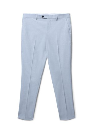 Pantalon bleu clair en tissu texturé, avec un design à l'avant plat, des poches inclinées et une fermeture à un bouton à la taille.