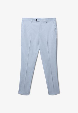 Pantaloni azzurri chiari realizzati in tessuto testurizzato, con un design a vita piatta, tasche oblique e chiusura con un singolo bottone in vita.