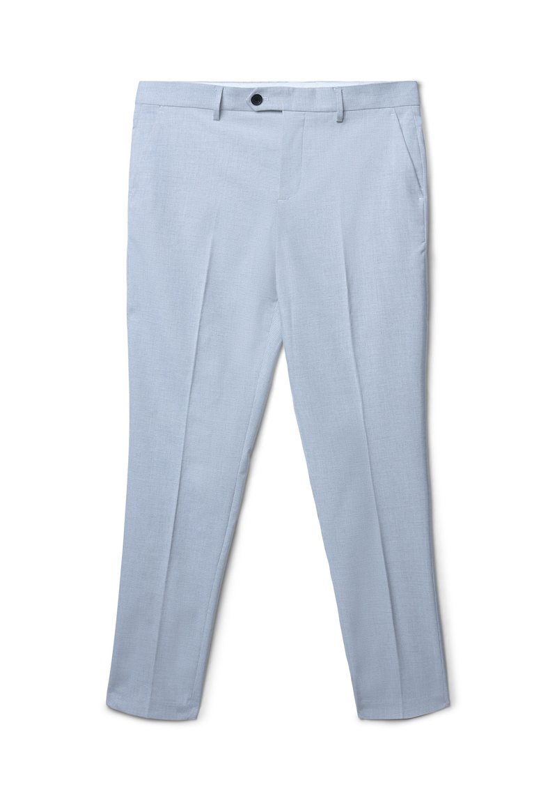 Pantaloni azzurri chiari realizzati in tessuto testurizzato, con un design a vita piatta, tasche oblique e chiusura con un singolo bottone in vita.