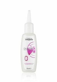 L'Oréal Dulcia Advanced Haarbehandlung, 75 ml, klarer Kunststoffflasche mit spitzem Applikator, verfügt über ein rosa Diamantlogo und schwarze Schrift.