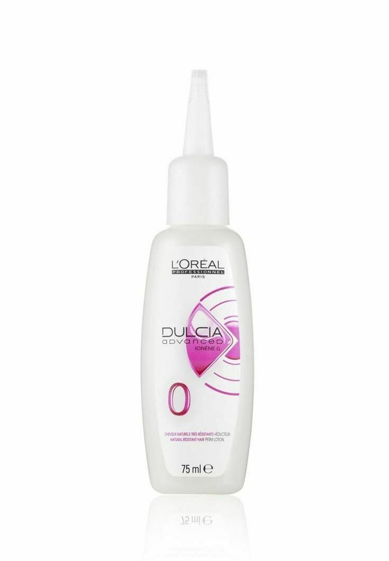 L'Oréal Dulcia Advanced Haarbehandlung, 75 ml, klarer Kunststoffflasche mit spitzem Applikator, verfügt über ein rosa Diamantlogo und schwarze Schrift.