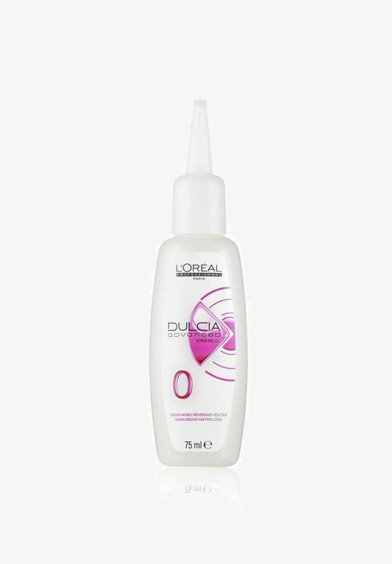L'Oréal Dulcia Advanced Haarbehandlung, 75 ml, klarer Kunststoffflasche mit spitzem Applikator, verfügt über ein rosa Diamantlogo und schwarze Schrift.