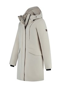 Licht beige geïsoleerde winterparka met capuchon, rits- en drukknoopsluitingen, klepzakken en verstelbare manchetten.