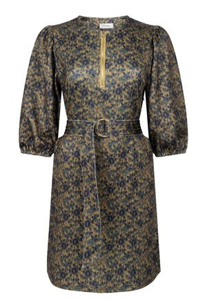 Bloemenprint jurk van zachte stof met een rits aan de voorkant, pofmouwen en een riem met een ronde gesp. Kleuren zijn olijfgroen en marineblauw.