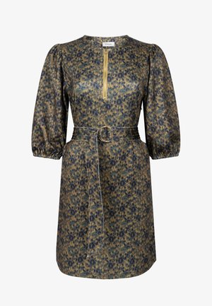 Bloemenprint jurk van zachte stof met een rits aan de voorkant, pofmouwen en een riem met een ronde gesp. Kleuren zijn olijfgroen en marineblauw.
