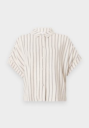 Chemise à manches courtes, col, en tissu crème avec des rayures verticales bleu marine. Devant à boutons, design court et coupe décontractée.