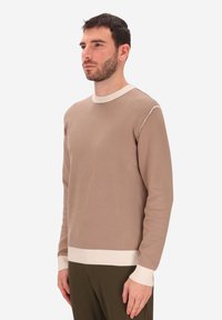 Maglione marrone lavorato a maglia con collo e polsini a coste color crema, caratterizzato da un delicato dettaglio di cucitura lungo la spalla.