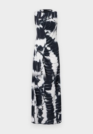 Pikk, sanssega must-valge batikmuster, millel on volditud detailid. Sile kangas, ümar kaelus ja põrandani ulatuv disain.