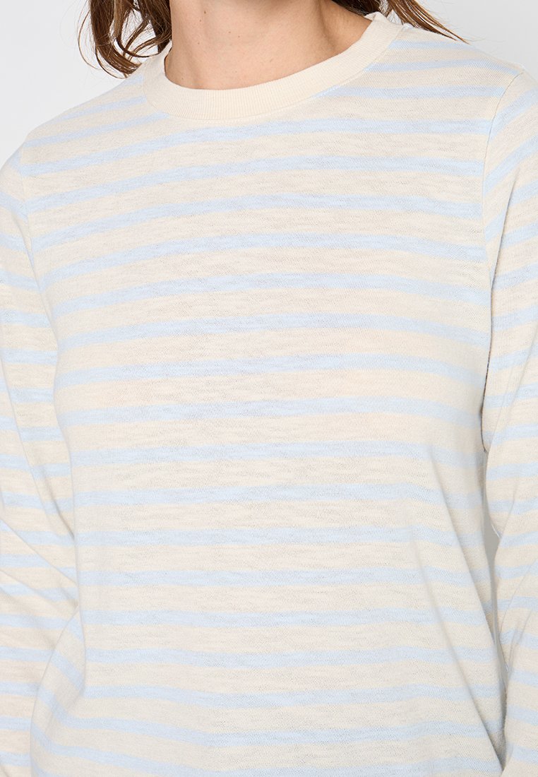 Lekki sweter z poziomymi paskami w delikatnym niebieskim i kremowym kolorze. Okrągły dekolt i długie rękawy w luźnym kroju.