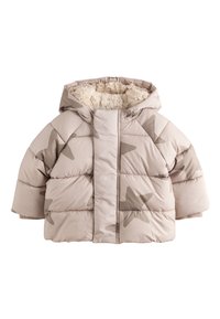 Veste matelassée pour enfants en beige doux avec des motifs d'étoiles beige plus foncé, une doublure en fourrure beige confortable et une capuche pour la chaleur.