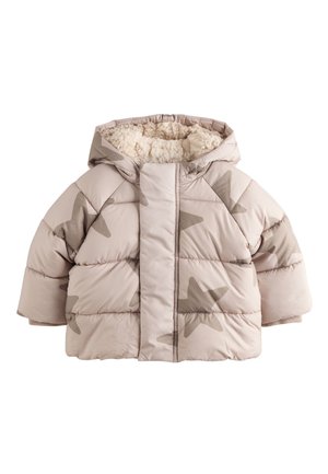 Giacca imbottita per bambini in morbido beige con motivi a stella beige più scuro, una fodera accogliente in pelliccia beige e un cappuccio per il calore.