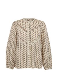 Blusa a maniche lunghe in tessuto crema con stampa floreale rosa e verde. Caratterizzata da chiusura anteriore con bottoni, pizzo e maniche arricciate.