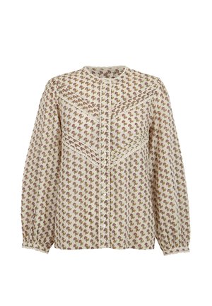 Blusa a maniche lunghe in tessuto crema con stampa floreale rosa e verde. Caratterizzata da chiusura anteriore con bottoni, pizzo e maniche arricciate.