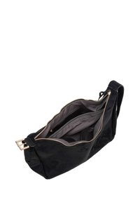 Borsa a tracolla in suede nera con chiusura a zip, dotata di un ampio interno con diversi scomparti, accentuata da dettagli in metallo dorato.