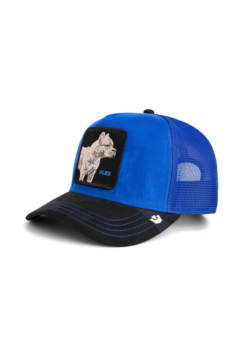Blue cap with mesh sides, black visor, and a square patch featuring a dog illustration. Stitched details in blue along the visor.