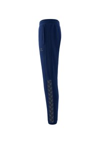 Marineblauwe sweatpants met een gestructureerde afwerking, elastische tailleband, zijzak en gemusterde strepen in grijs langs de buitenkant van het been.