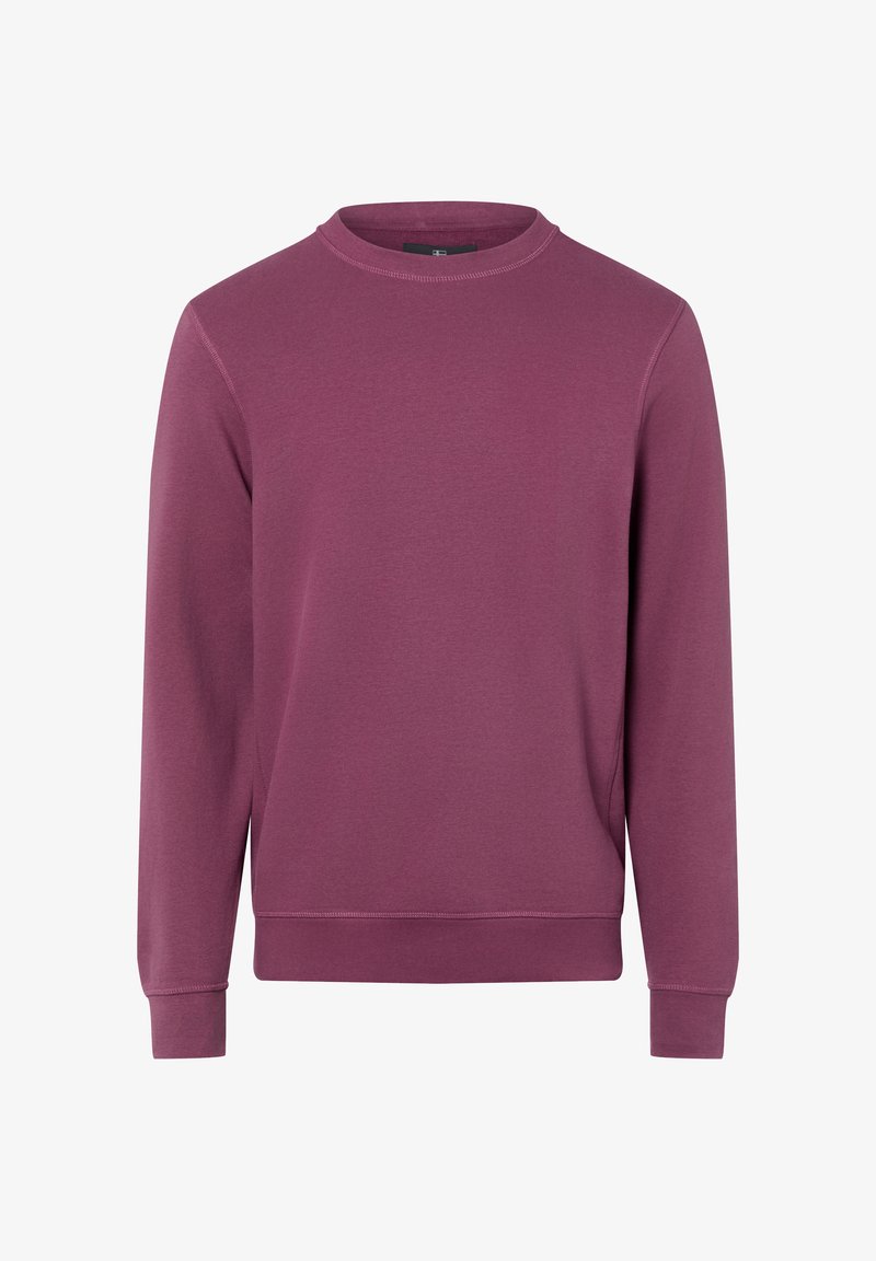 Lila Sweatshirt aus einer weichen Baumwollmischung, mit Rundhalsausschnitt, langen Ärmeln sowie gerippten Bündchen an Ärmeln und Saum. Ohne Muster oder Verzierungen.