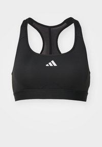 Zwarte sportbeha voor atleten gemaakt van gladde stof, met een racerback ontwerp en een wit Adidas logo aan de voorkant.