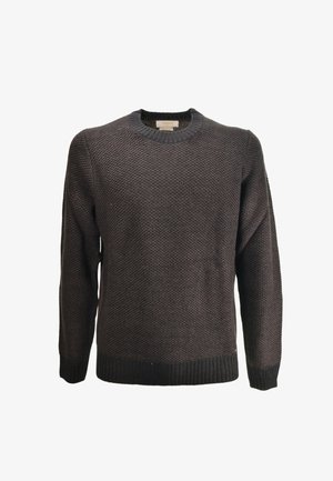 Maglione grigio scuro con trama testurizzata, scollo rotondo, polsini e orlo a coste, caratterizzato da un motivo a nido d'ape a maglia. Il materiale sembra morbido e caldo.