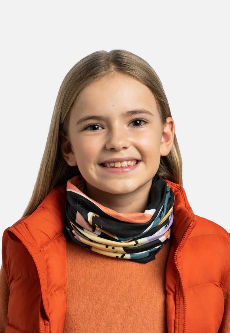Multicolored lightweight neck gaiter with a smooth texture, featuring playful patterns, layered under an orange puffy vest.