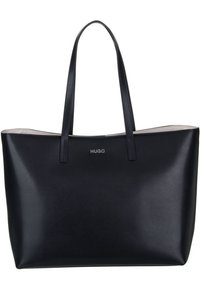 Borsa tote in pelle nera con due manici, forma rettangolare elegante, texture liscia e sottile logo "HUGO" sulla parte anteriore.