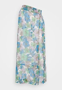 Hame floral terbuat dari kain transparan, menampilkan cetakan bunga berwarna-warni biru, hijau, dan ungu, dengan hem kerutan dan pinggang elastis.